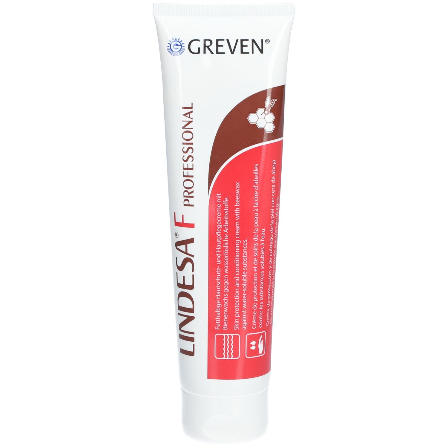 Tube de crème protectrice Lindesa F Professional. Fond blanc, accent rouge. Contient de la cire d'abeille. Logo Greven.