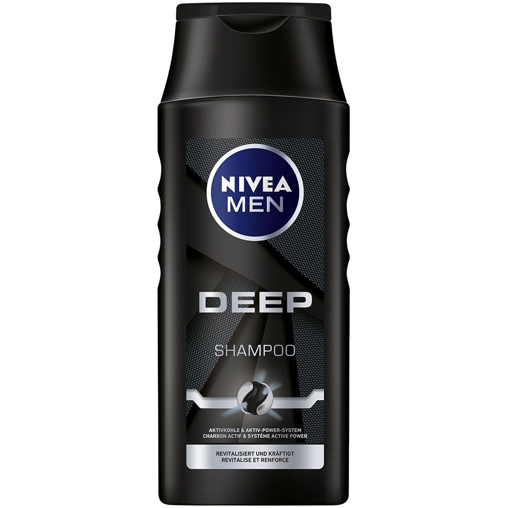 Flacon de shampooing noir avec logo NIVEA MEN blanc et inscription DEEP. Contient Active Power System. Flacon debout.