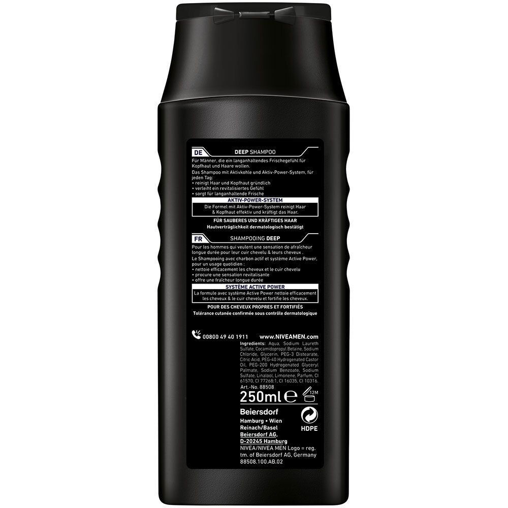 Dos du flacon de shampooing noir. Texte en allemand et en français. Contient des informations sur le produit et les ingrédients.