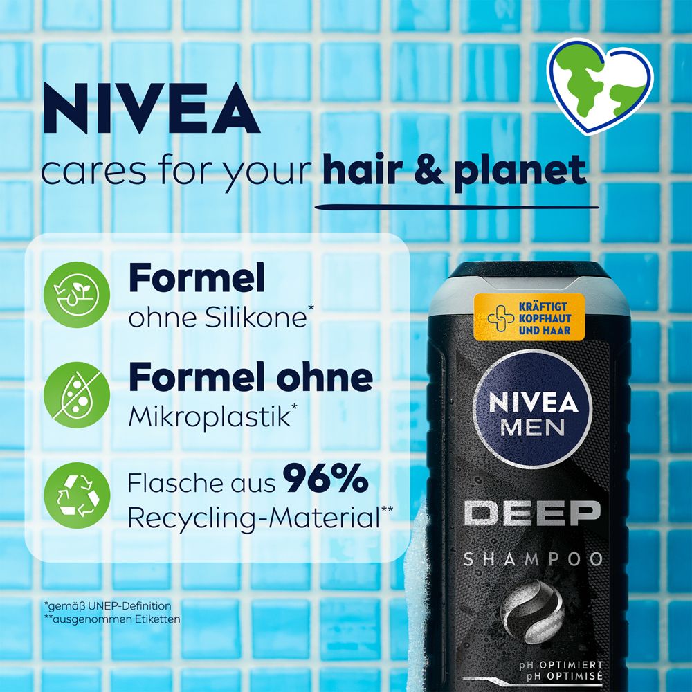 NIVEA MEN DEEP Shampoo : Formule sans silicones, microplastiques. Flacon en matériau recyclé.