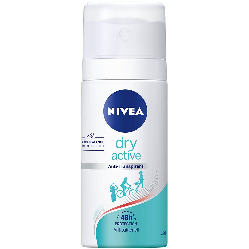 NIVEA® Deo Dry Active Spray. Spray blanc avec logo bleu. Protection 48h. Anti-transpirant. Illustrations de sportifs.