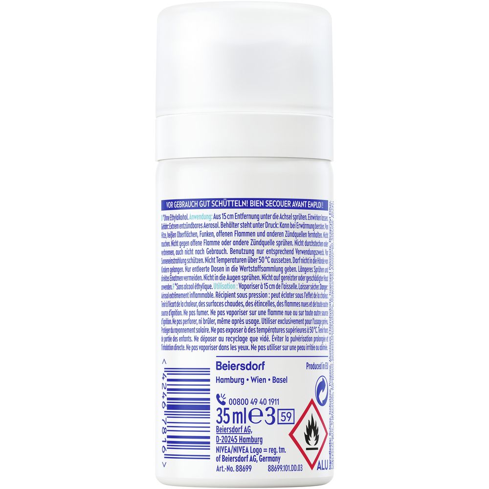 Arrière du spray déodorant NIVEA Dry Active, 35ml, avec instructions et ingrédients.