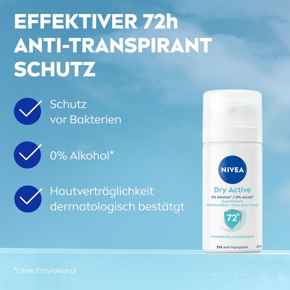 Spray déodorant NIVEA Dry Active : protection 72h, antibactérien, 0% alcool, doux pour la peau.