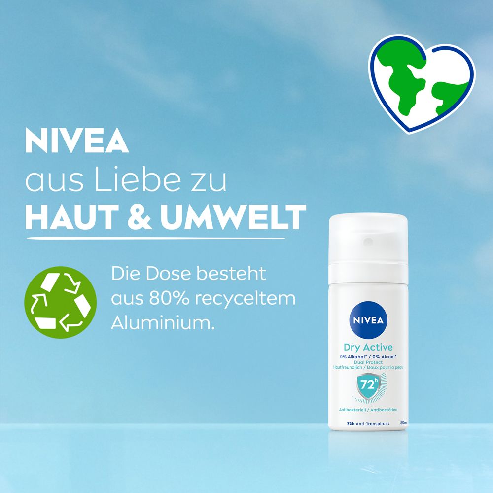 Spray déodorant NIVEA Dry Active : flacon en aluminium 80% recyclé, pour la peau et l'environnement.