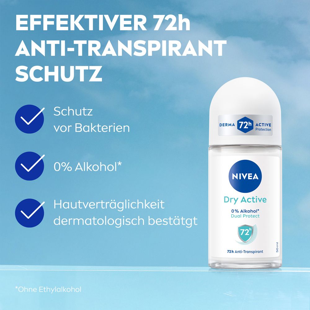 NIVEA Dry Active Roll-on : Protection 72h, antibactérien, 0% alcool. Tolérance cutanée confirmée dermatologiquement.