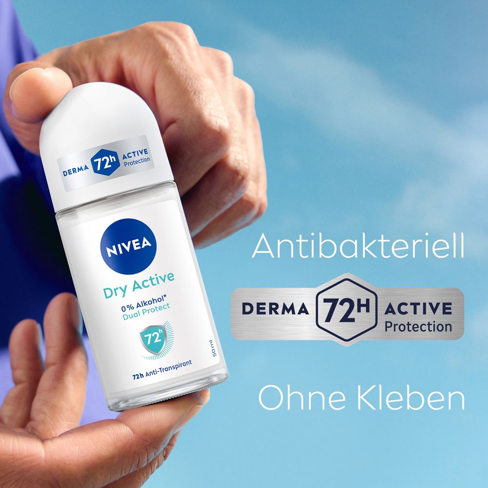 Homme tenant NIVEA Dry Active Roll-on. Antibactérien, 72h Active Protection. Sans coller.