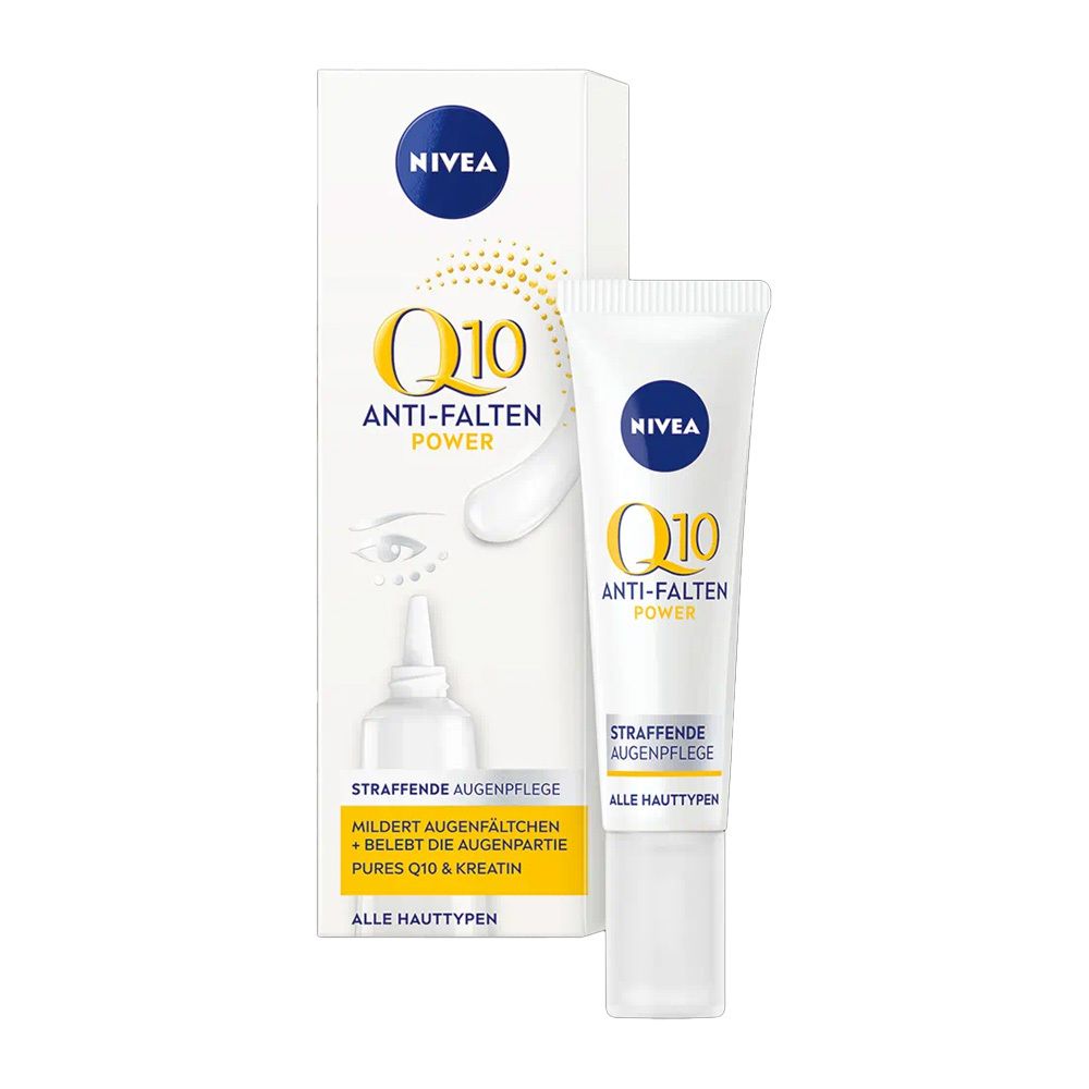 NIVEA Q10 Power soin des yeux et emballage. Tube et boîte avec nom et logo du produit. Tube blanc avec texte jaune.