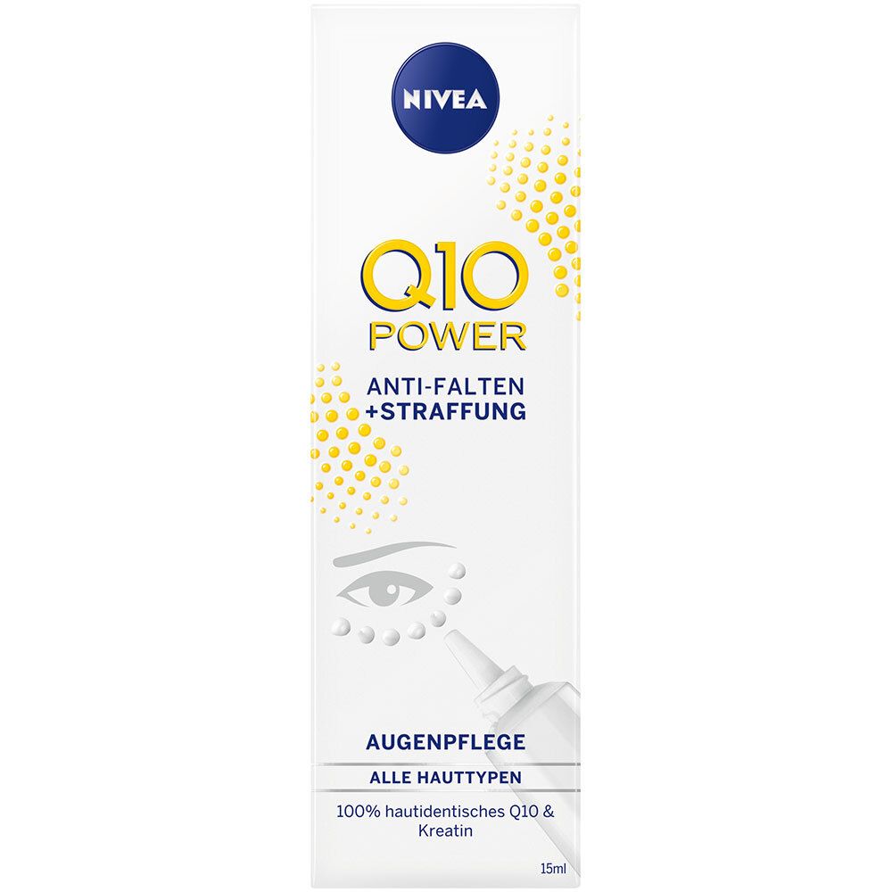 Emballage de NIVEA Q10 Power soin des yeux. Blanc avec texte et logo jaunes. Montre une zone oculaire et un tube.
