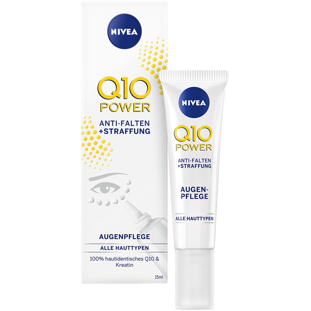 NIVEA Q10 Power soin des yeux. Tube et emballage. Tube blanc avec texte et logo jaunes. 15ml. Pour tous types de peau.
