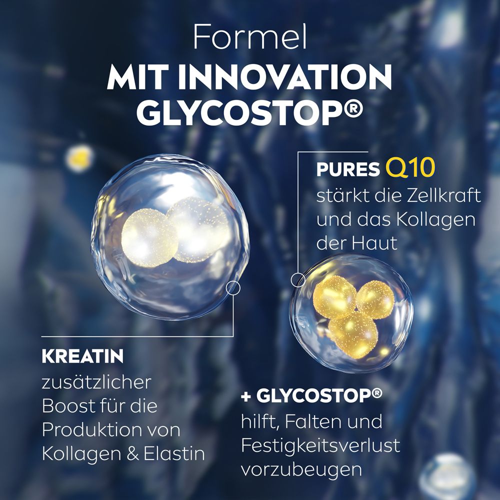 Graphique de la formule NIVEA Q10 Power soin contour des yeux avec Q10, Créatine et Glycostop.