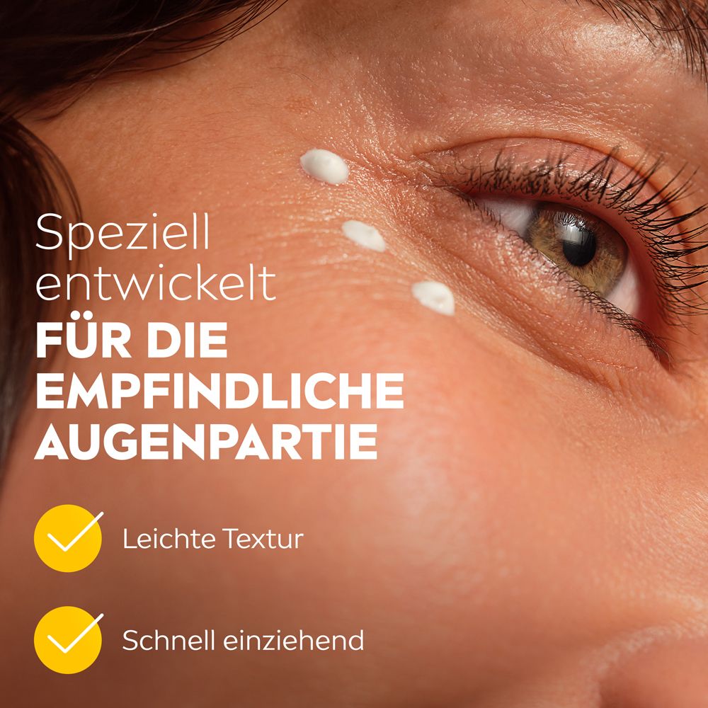 Gros plan d'un œil avec NIVEA Q10 Power soin contour des yeux appliqué.