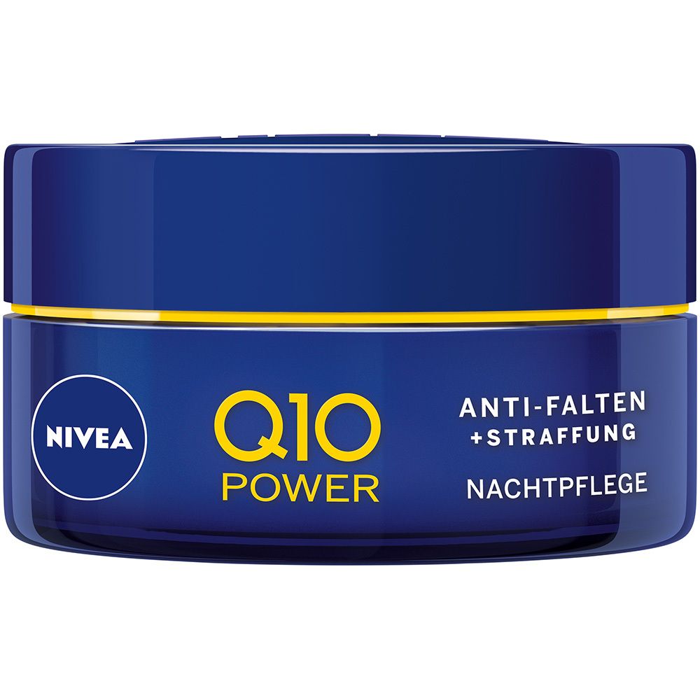 Pot de crème bleu avec un anneau jaune. Inscription: Q10 Power, Anti-Falten + Straffung, Nachtpflege. Logo NIVEA.