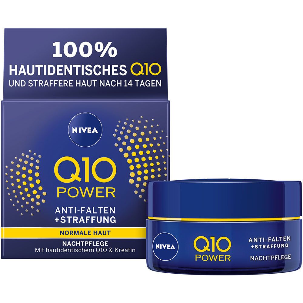 Emballage du produit et pot de crème. Emballage: bleu, blanc, jaune. Inscription: Q10 Power, Anti-Falten + Straffung, Nachtpflege. Logo NIVEA.