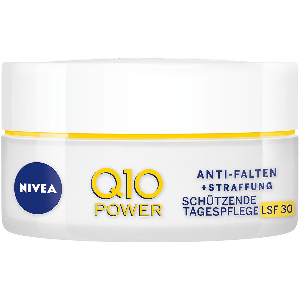 Pot blanc avec couvercle jaune. Inscription : NIVEA, Q10 Power, Anti-rides + Raffermissement, SPF 30.