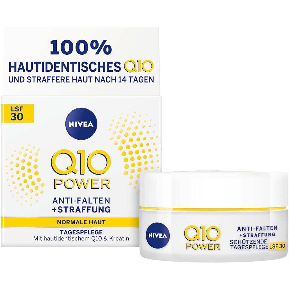 Produit et emballage. Pot et carton blancs. Inscription : NIVEA, Q10 Power, Anti-rides + Raffermissement.