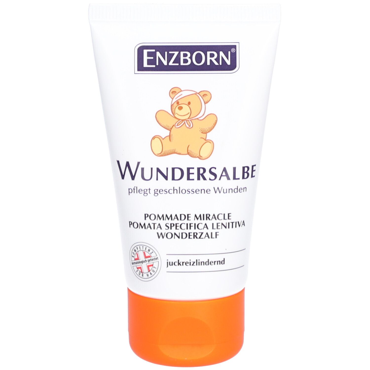 Tube blanc ENZBORN Wundersalbe avec illustration d'ours en peluche. Bouchon orange. Texte : "Pflegt geschlossene Wunden".