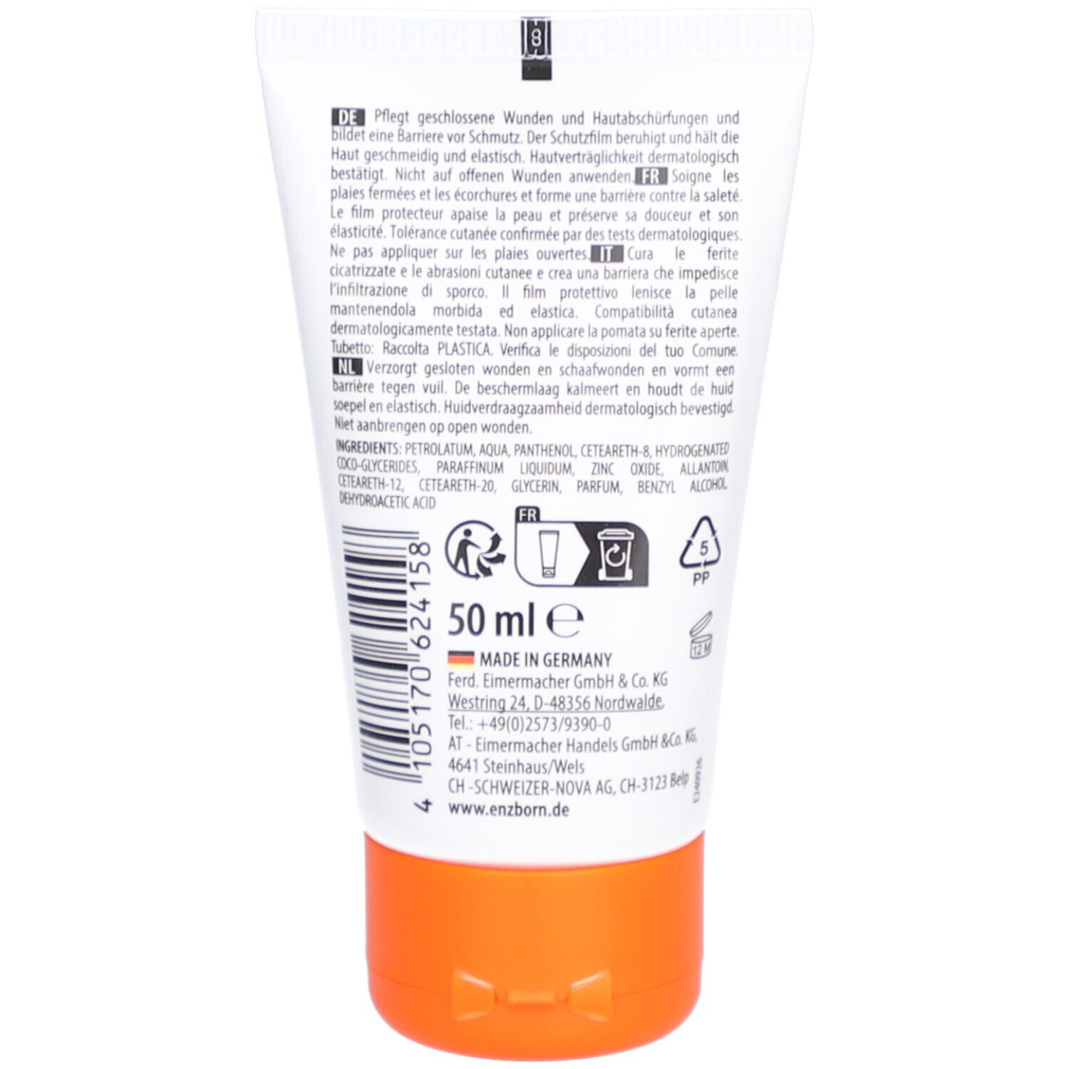 Dos du tube ENZBORN Wundersalbe. Texte en allemand, français, italien, néerlandais. Contient 50 ml.