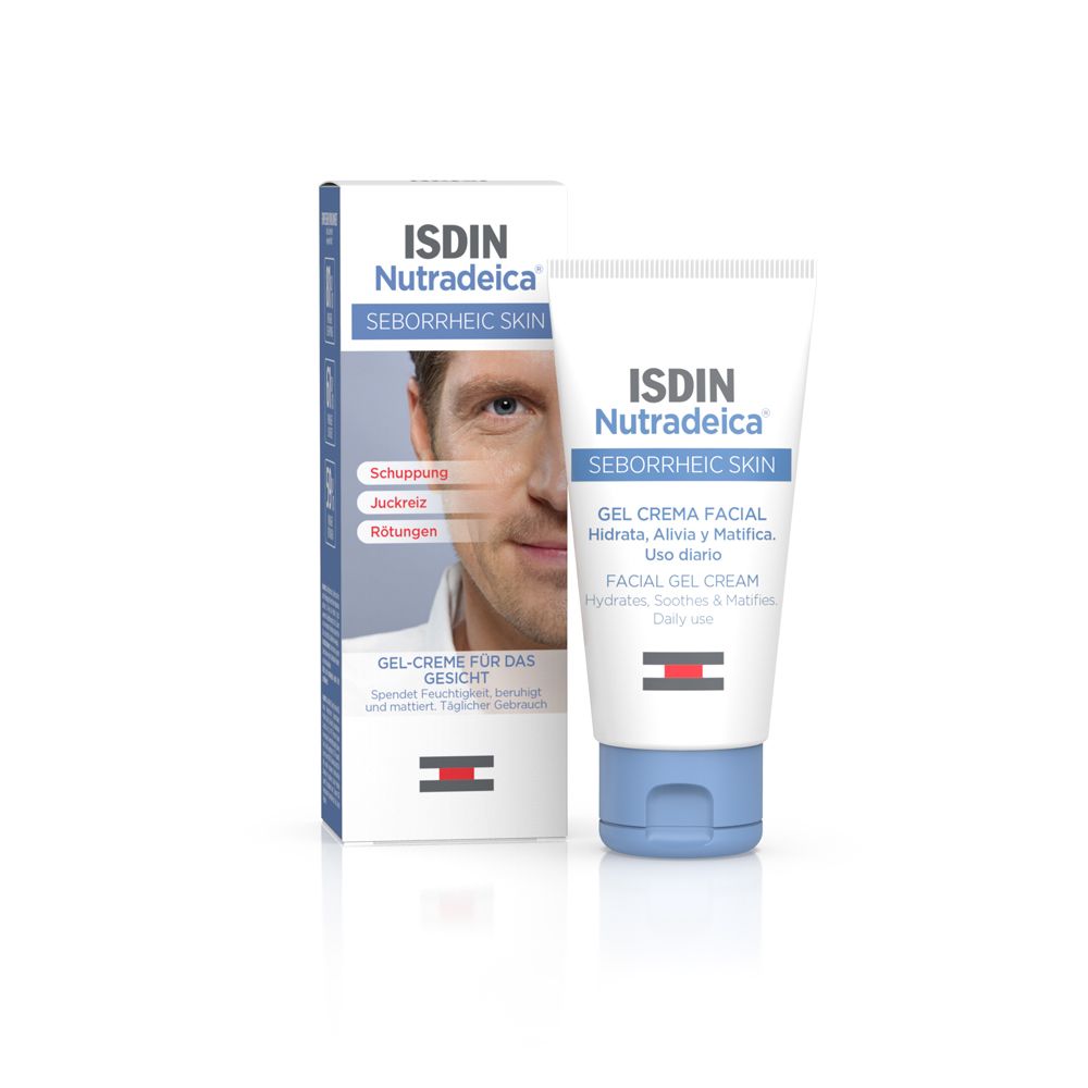 Crème et emballage. ISDIN Nutradeica Gel-Crème pour peau séborrhéique. Tube et boîte avec informations.