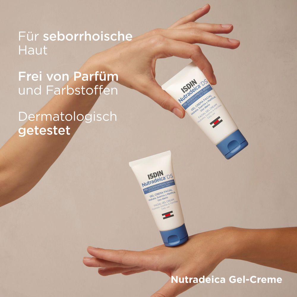 Deux tubes de crème ISDIN Nutradeica Gel-Crème. Mains tenant les tubes. Texte : testé dermatologiquement, sans parfum.