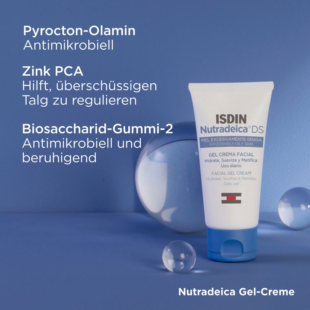 Tube ISDIN Nutradeica Gel-Crème. Texte : ingrédients, comme Zinc PCA, Biosaccharide Gum-2. Fond bleu.