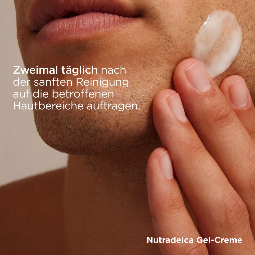 Homme appliquant de la crème. ISDIN Nutradeica Gel-Crème. Texte : application, deux fois par jour après nettoyage.