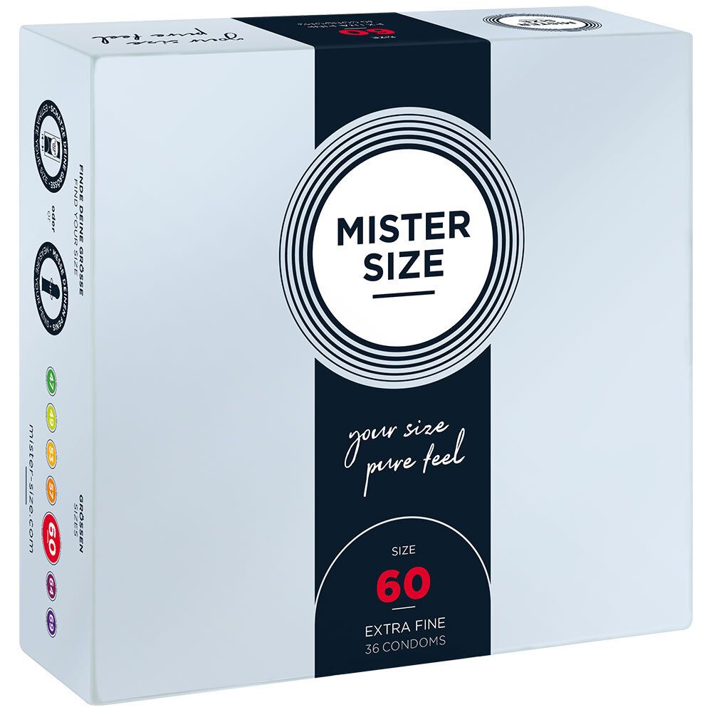 Boîte de préservatifs MISTER SIZE 60 Extra Fine, 36 préservatifs. Design blanc, bleu et noir.
