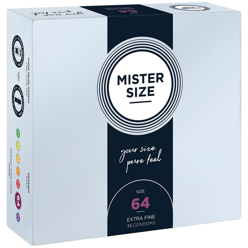 Boîte de préservatifs MISTER SIZE 64. Blanc et bleu foncé. Taille 64, extra fin, 36 préservatifs. Logo et texte.