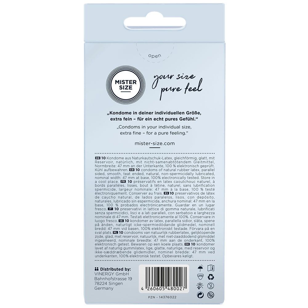 Dos de l'emballage de préservatifs. Texte multilingue. Marque MISTER SIZE. Taille 47. Informations sur les ingrédients.
