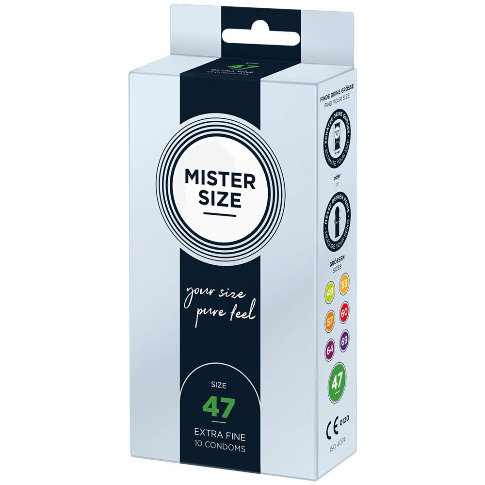 Emballage de préservatifs MISTER SIZE. Taille 47, extra fins. 10 préservatifs. Code couleur des tailles. Avec crochet.