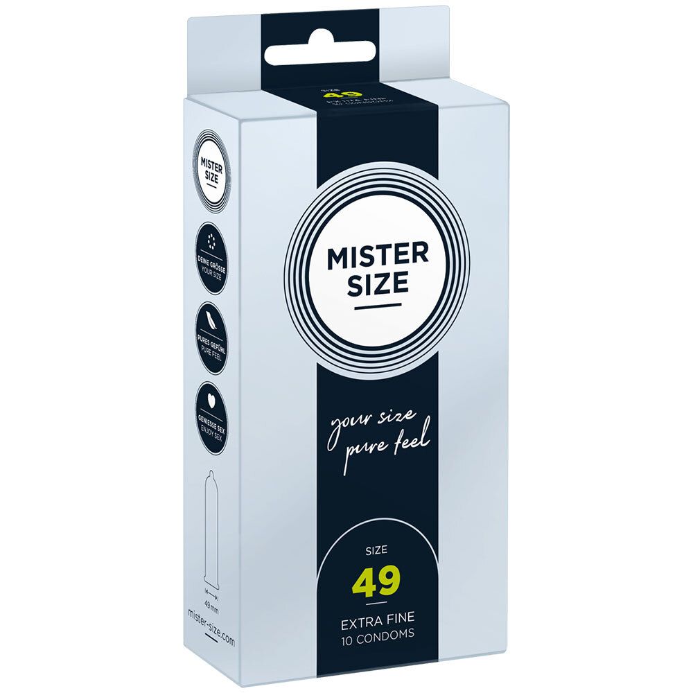 Boîte de préservatifs MISTER SIZE, taille 49, Extra Fine, 10 préservatifs. Emballage blanc, noir et bleu.