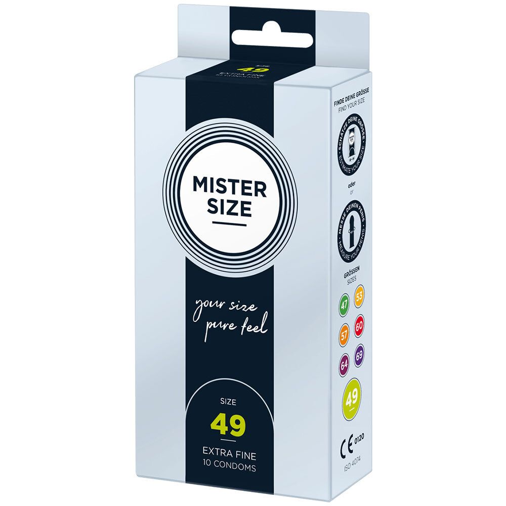 Emballage de préservatifs. MISTER SIZE, taille 49, Extra Fine, 10 préservatifs. Avec marquage CE.