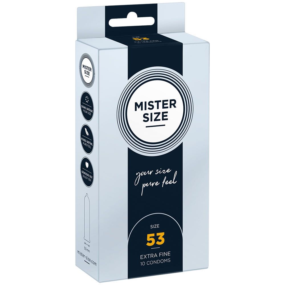 Boîte de préservatifs MISTER SIZE, taille 53, extra fins. 10 préservatifs. Blanc, noir et bleu.
