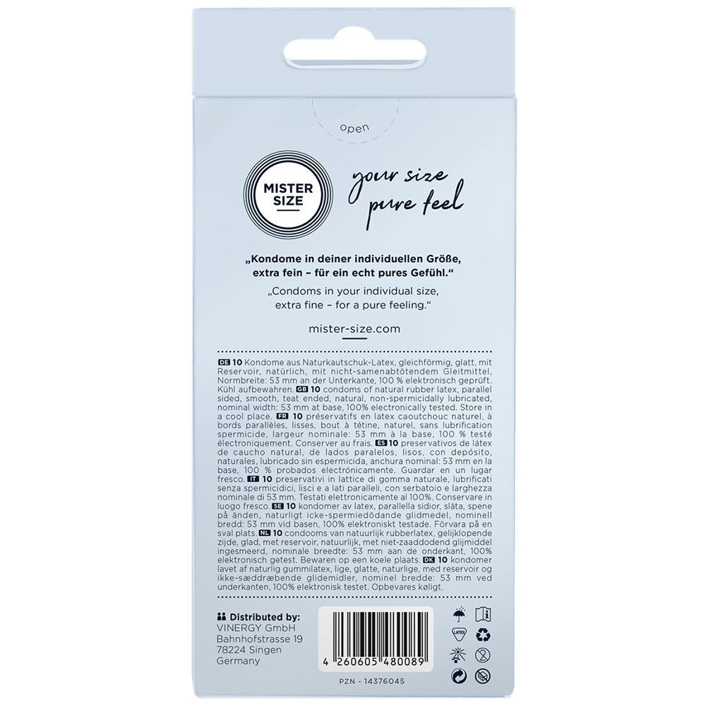 Dos de la boîte de préservatifs. Texte multilingue. Marque MISTER SIZE. Taille 53. 10 préservatifs.