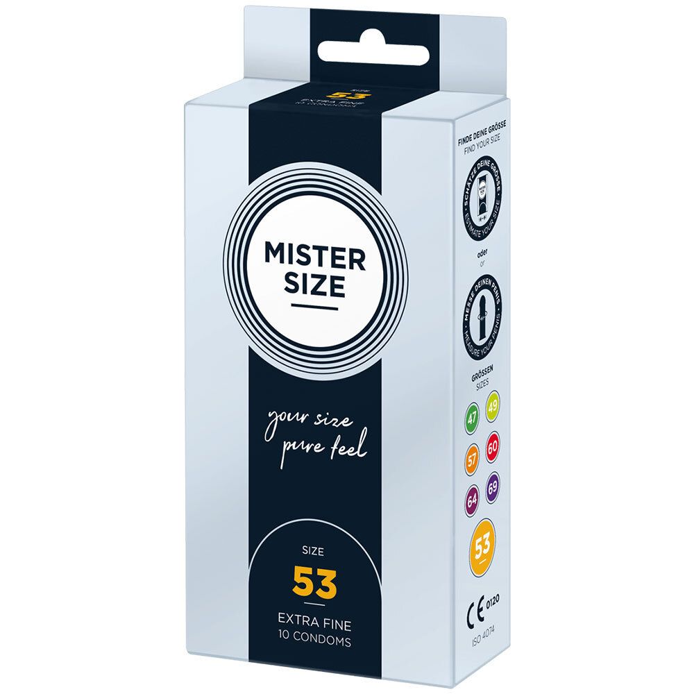 Boîte de préservatifs. MISTER SIZE, taille 53, extra fins. 10 préservatifs. Marquage CE. Blanc, noir et bleu.
