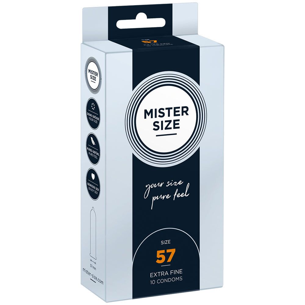 Boîte de préservatifs MISTER SIZE, taille 57, Extra Fine, 10 préservatifs. Blanc, noir et bleu.