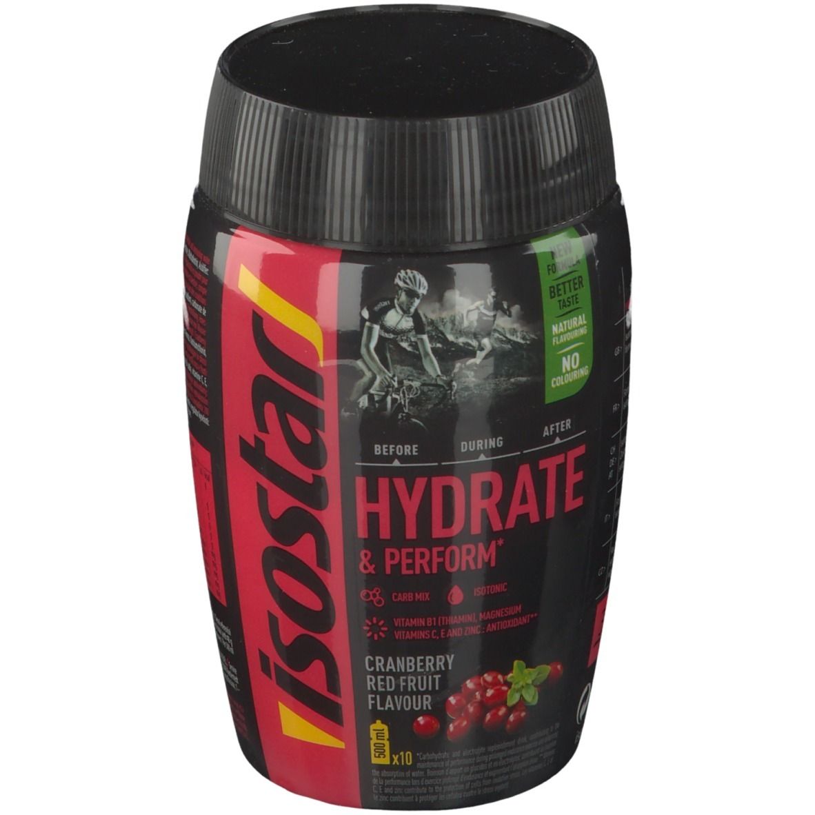 Boîte noire avec texte rouge et jaune. "isostar" et "HYDRATE & PERFORM" visibles. Goût cranberry.