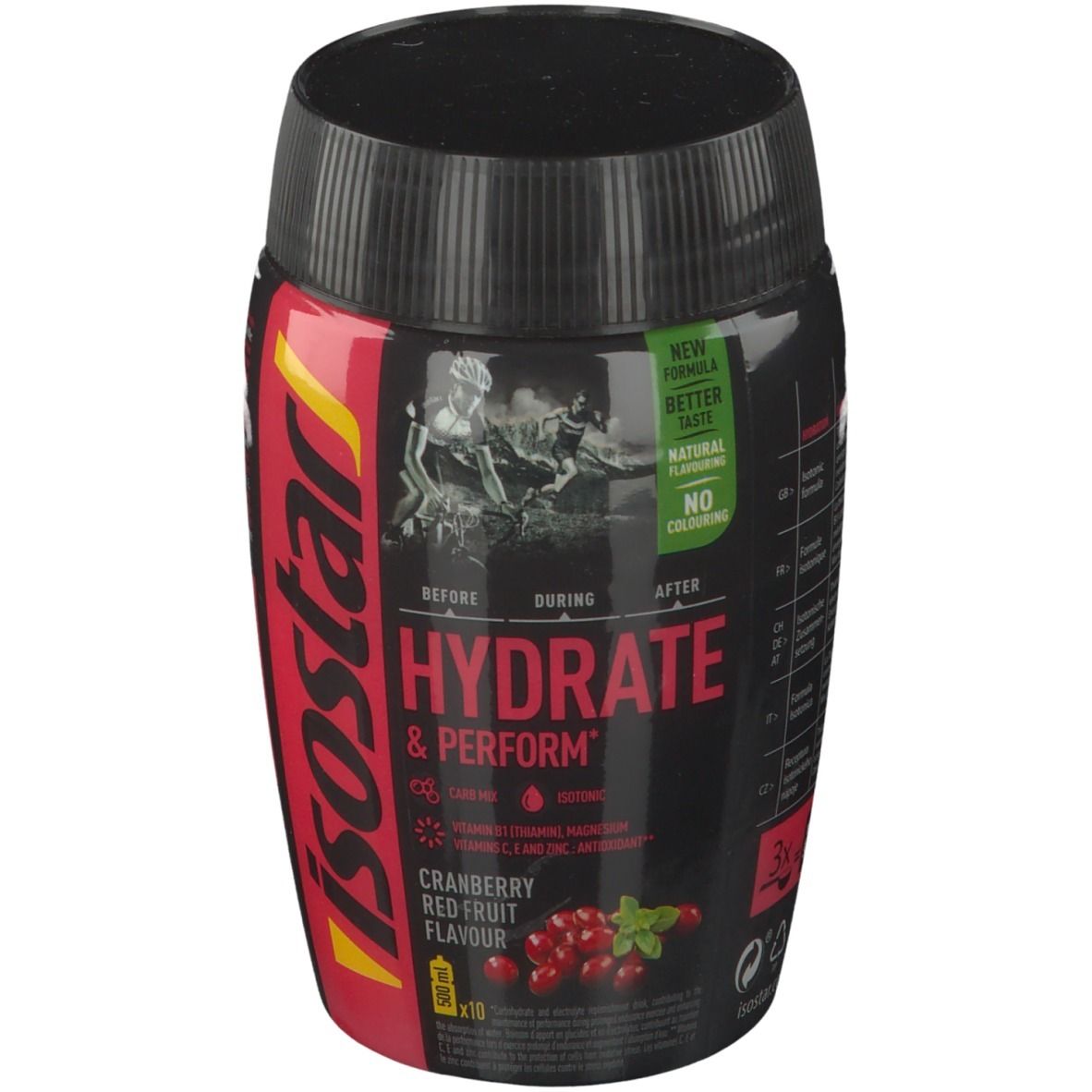 Boîte noire avec texte rouge et jaune. "isostar" et "HYDRATE & PERFORM" visibles. Goût cranberry.