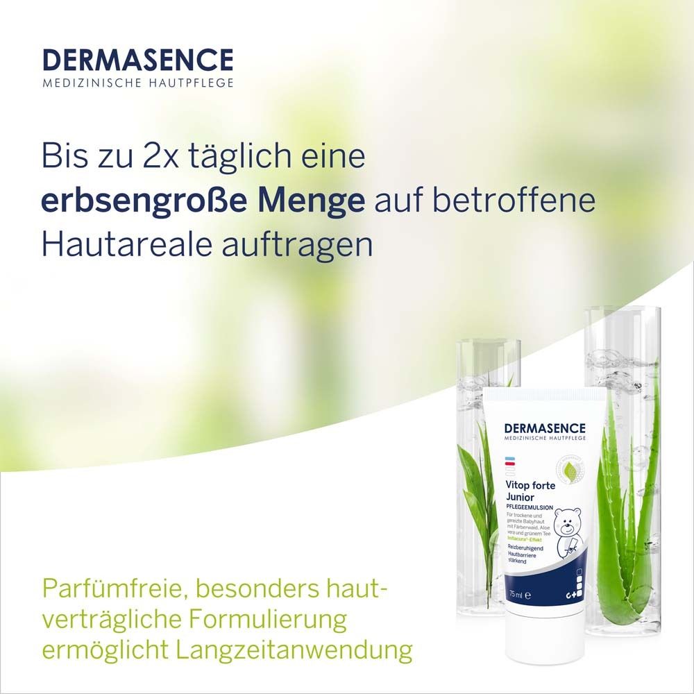 DERMASENCE Vitop forte Junior, avec Aloe Vera. Application: appliquer une quantité de la taille d'un pois.