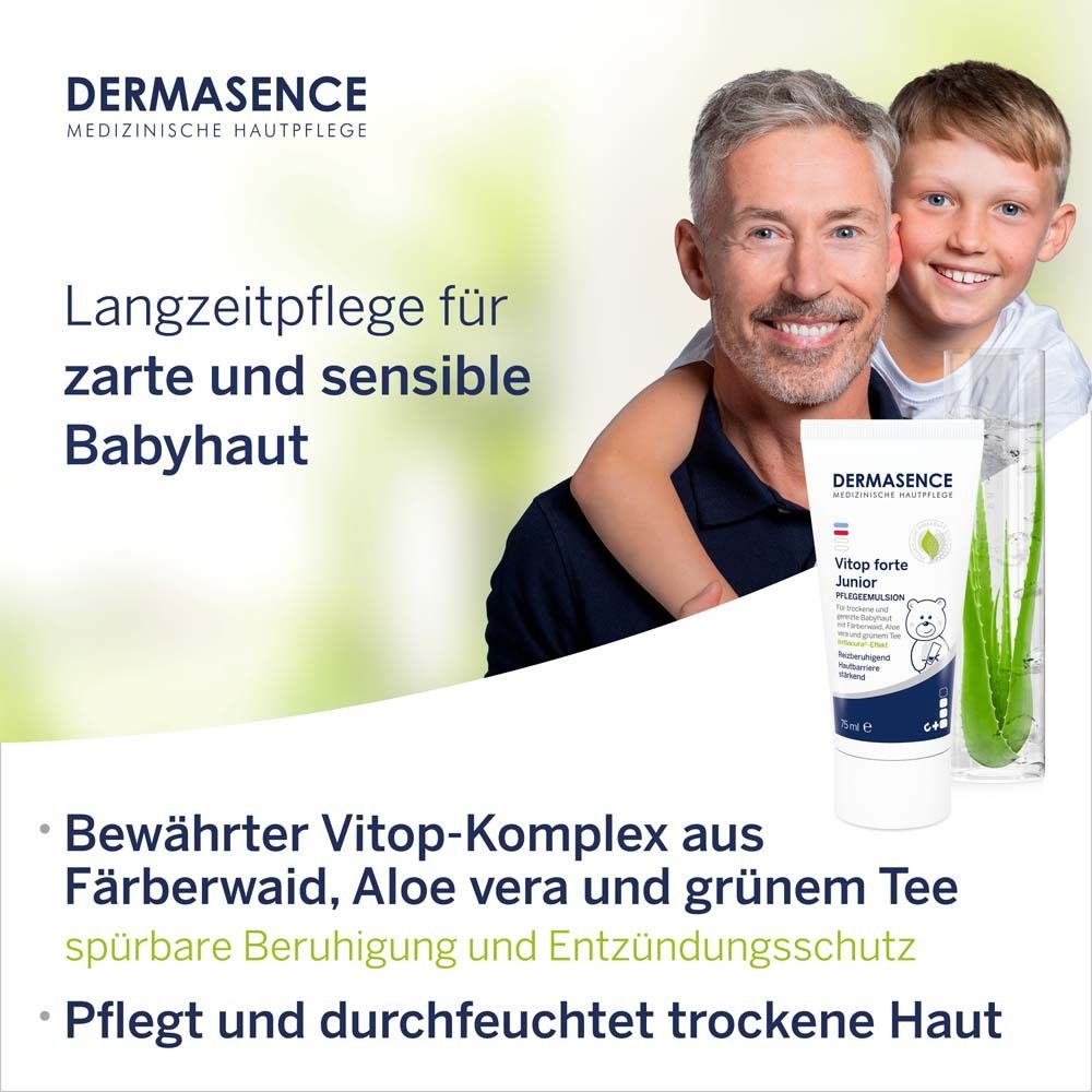 Homme et enfant avec DERMASENCE Vitop forte Junior. Soin longue durée pour la peau délicate des bébés.