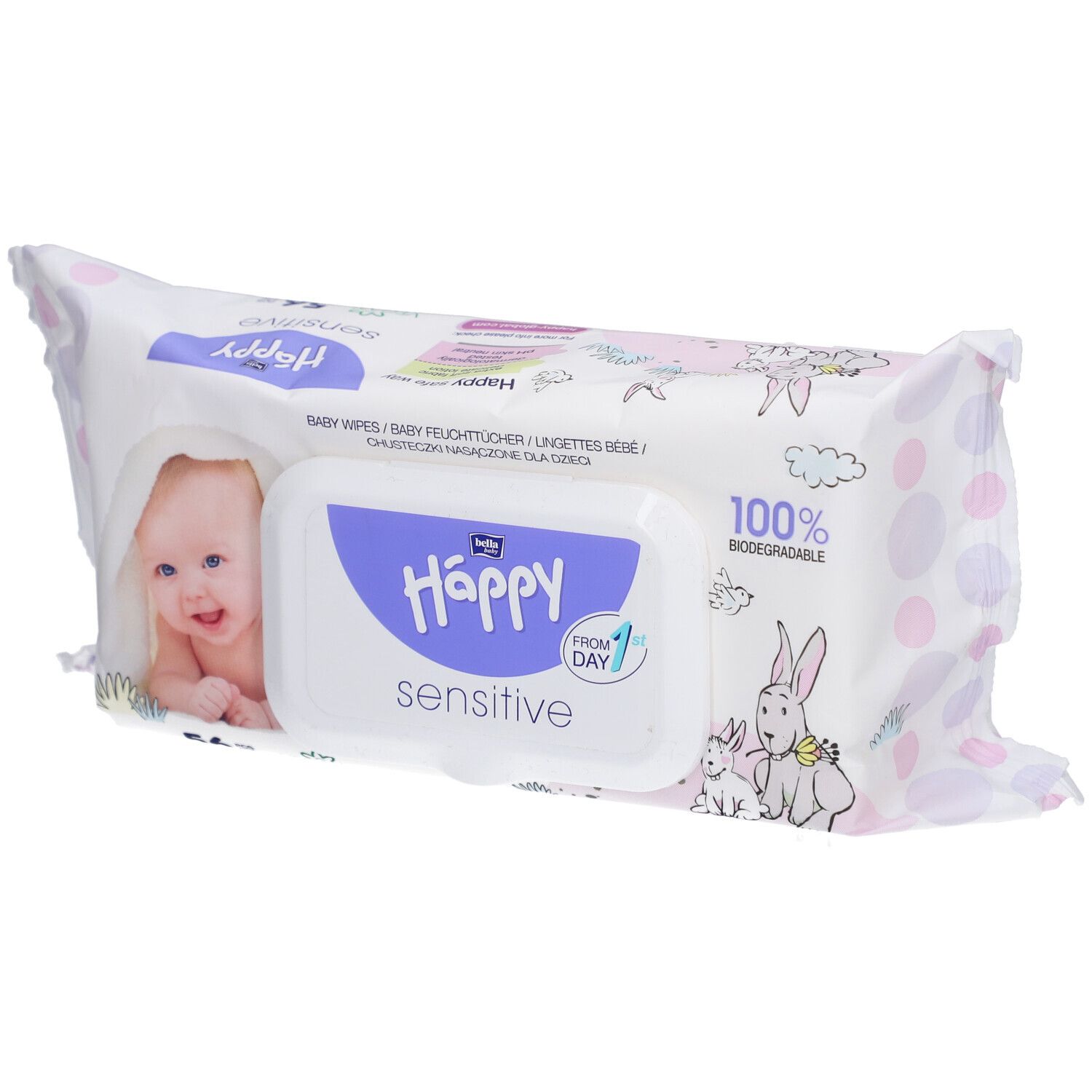 Paquet de lingettes humides bella Happy Sensitive. Blanc et violet, photo de bébé, illustrations de lapins et nom du produit.