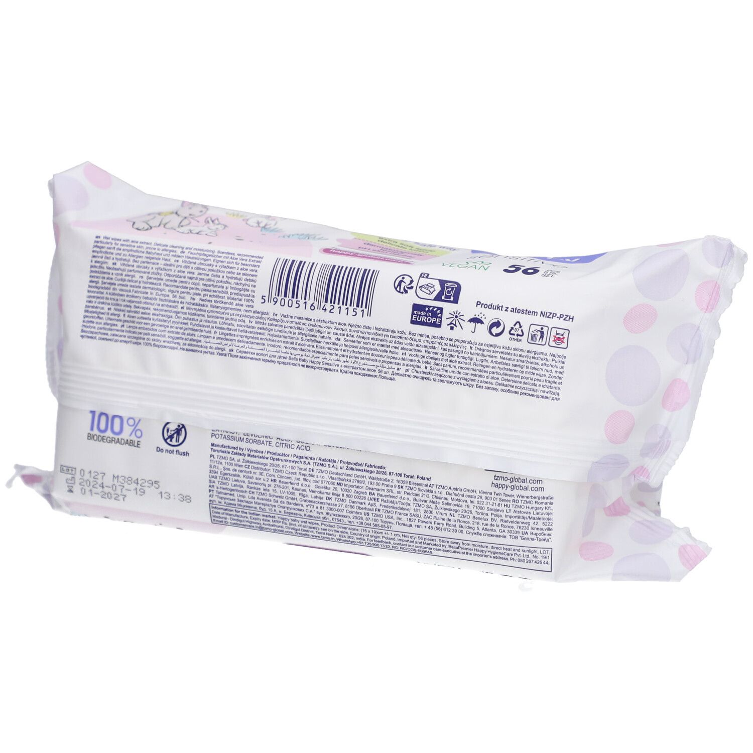 Dos du paquet de lingettes bella Happy Sensitive. Texte, code-barres et logos sur fond blanc.