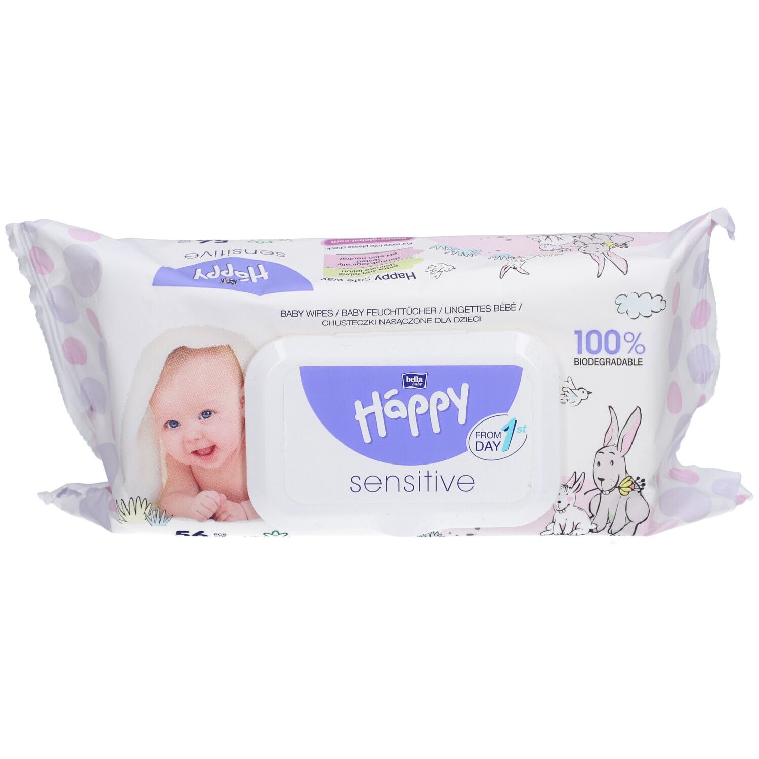 Paquet de lingettes bella Happy Sensitive. Blanc et violet, photo de bébé, illustrations de lapins et nom du produit.