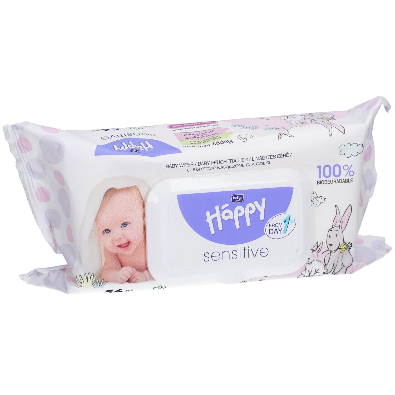 Paquet de lingettes bella Happy Sensitive. Blanc et violet, photo de bébé, illustrations de lapins et nom du produit.