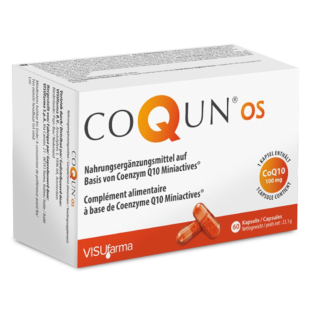 Boîte de gélules COQUN® os. Inscription : Complément alimentaire à base de Coenzyme Q10 Miniactives. Contient 60 gélules.