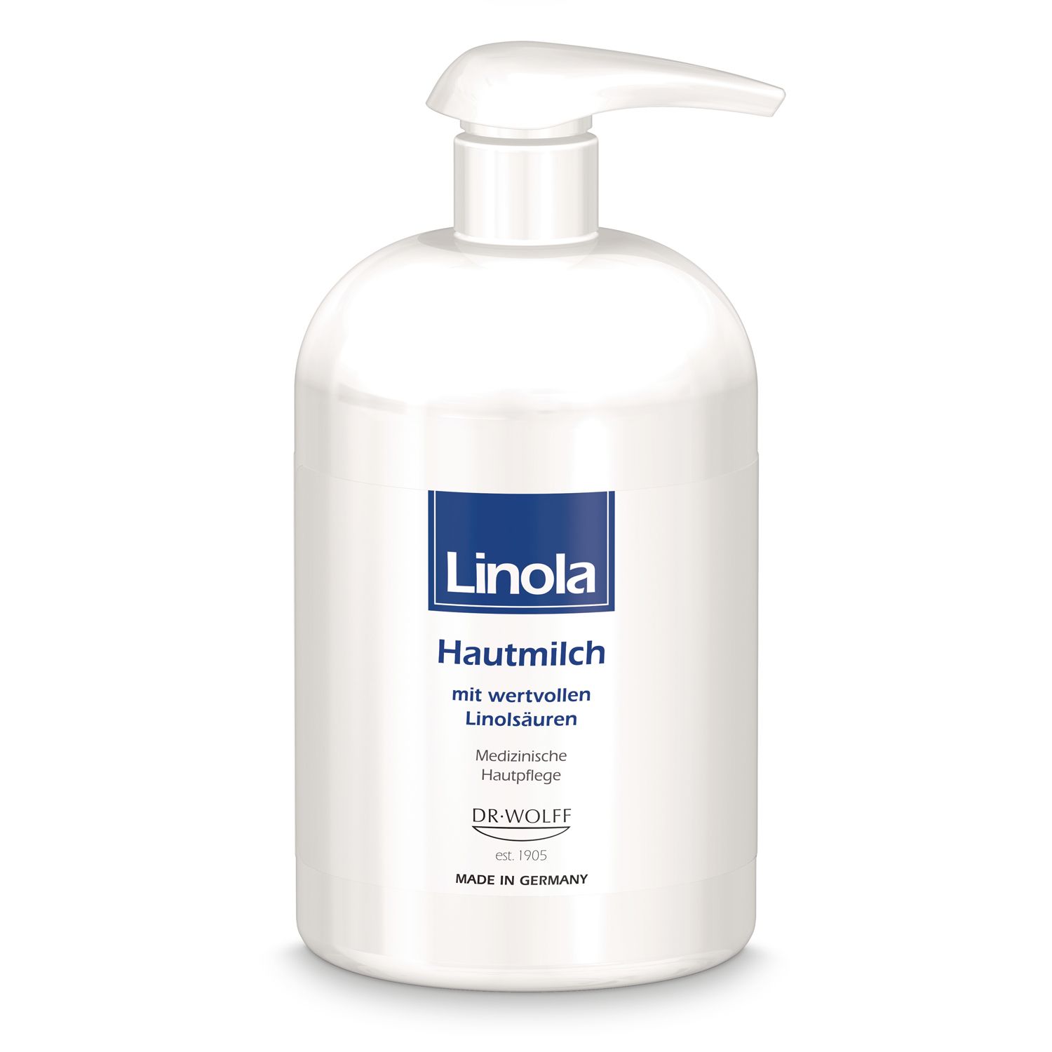 Flacon blanc de Linola Hautmilch avec étiquette bleue. Inscription : Hautmilch, avec des acides linoléiques précieux. Avec distributeur.