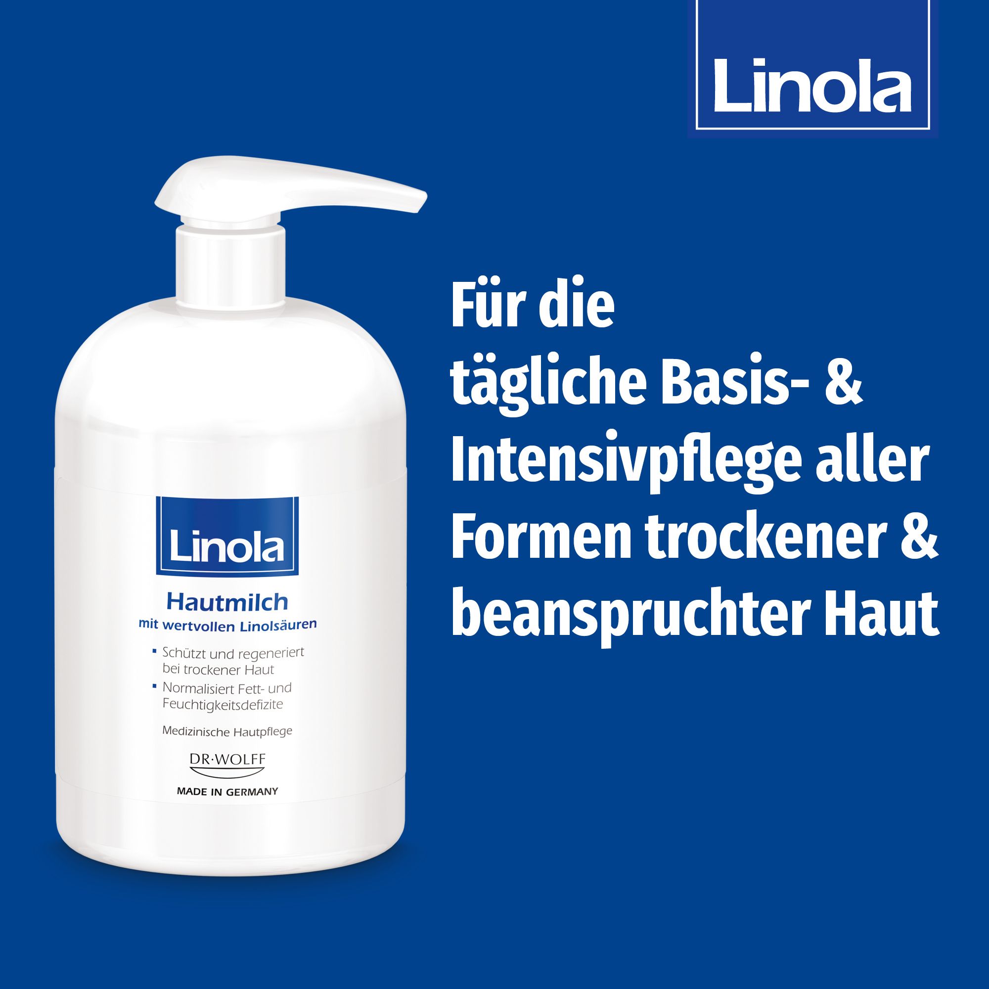 Flacon Linola Hautmilch avec fond bleu et texte. Pour les soins quotidiens de base et intensifs de toutes les peaux sèches et sollicitées.