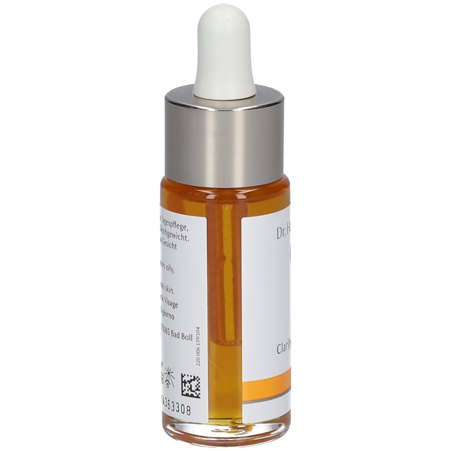 Vue arrière du flacon d'huile pour le visage. Texte sur l'étiquette : Gesichtsöl, soin de jour régulateur, équilibre la peau grasse.