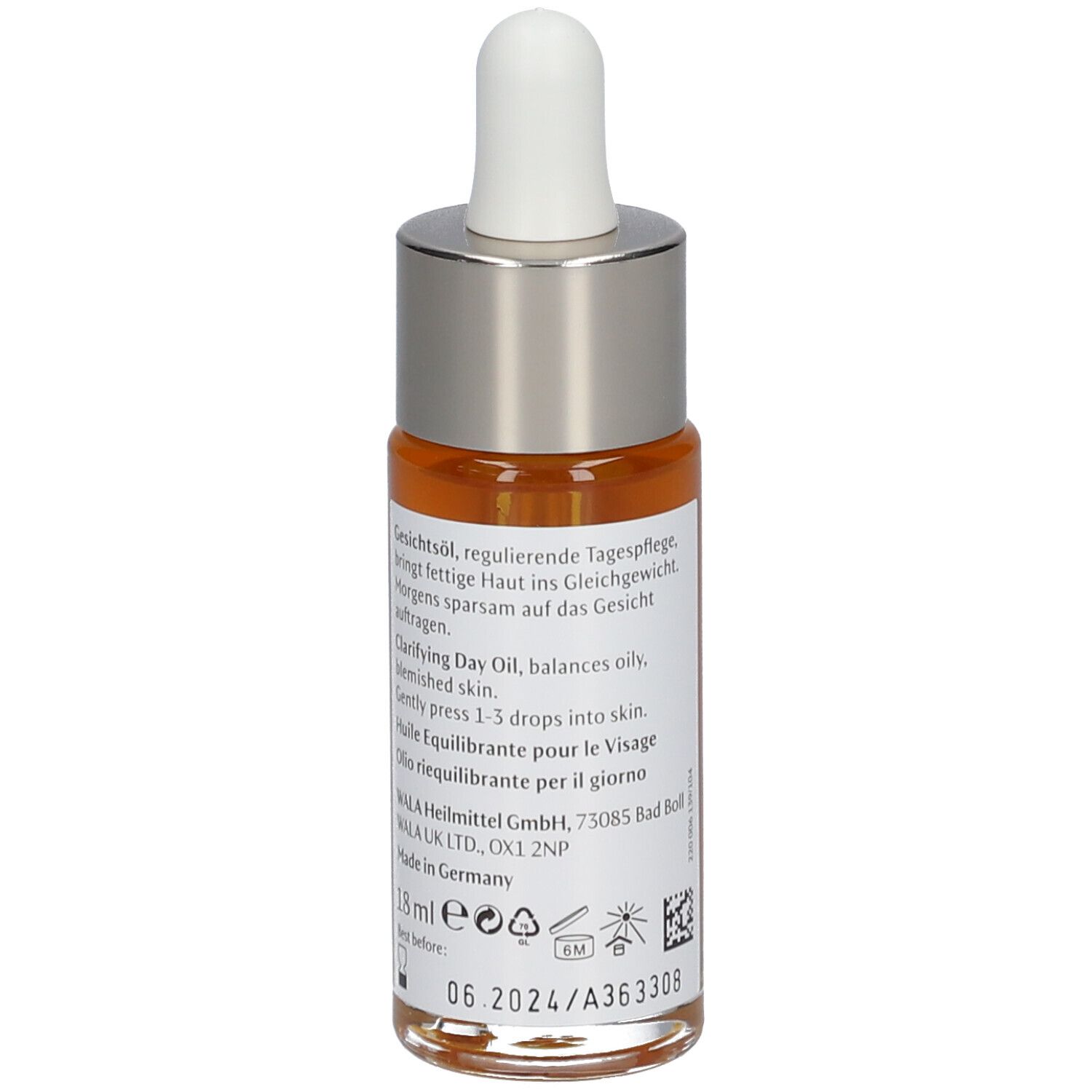 Vue arrière du flacon d'huile pour le visage. Texte sur l'étiquette : Gesichtsöl, soin de jour régulateur, équilibre la peau grasse.