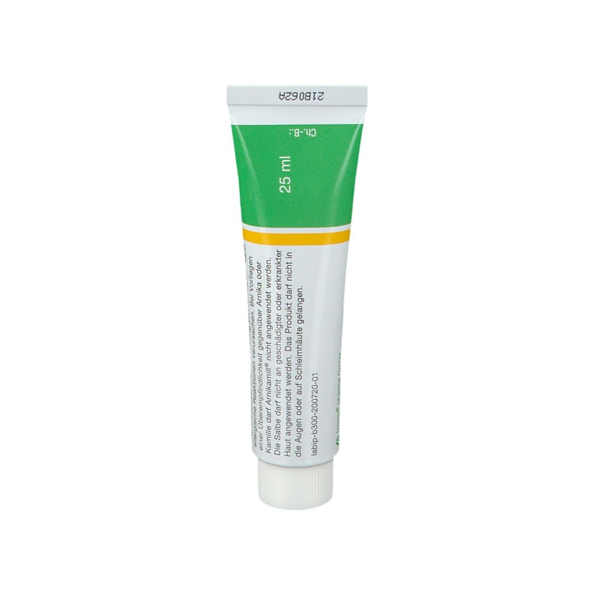 Dos du tube Arnikamill® Hautpflegesalbe. Vert avec texte et bouchon blanc. 25 ml.