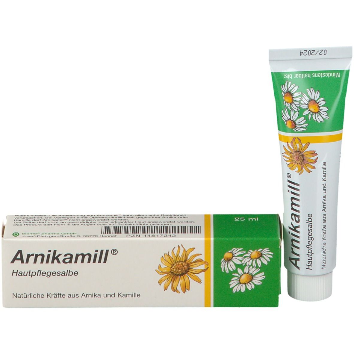 Tube et boîte Arnikamill® Hautpflegesalbe. Boîte avec nom du produit, fleurs de camomille et 25 ml.